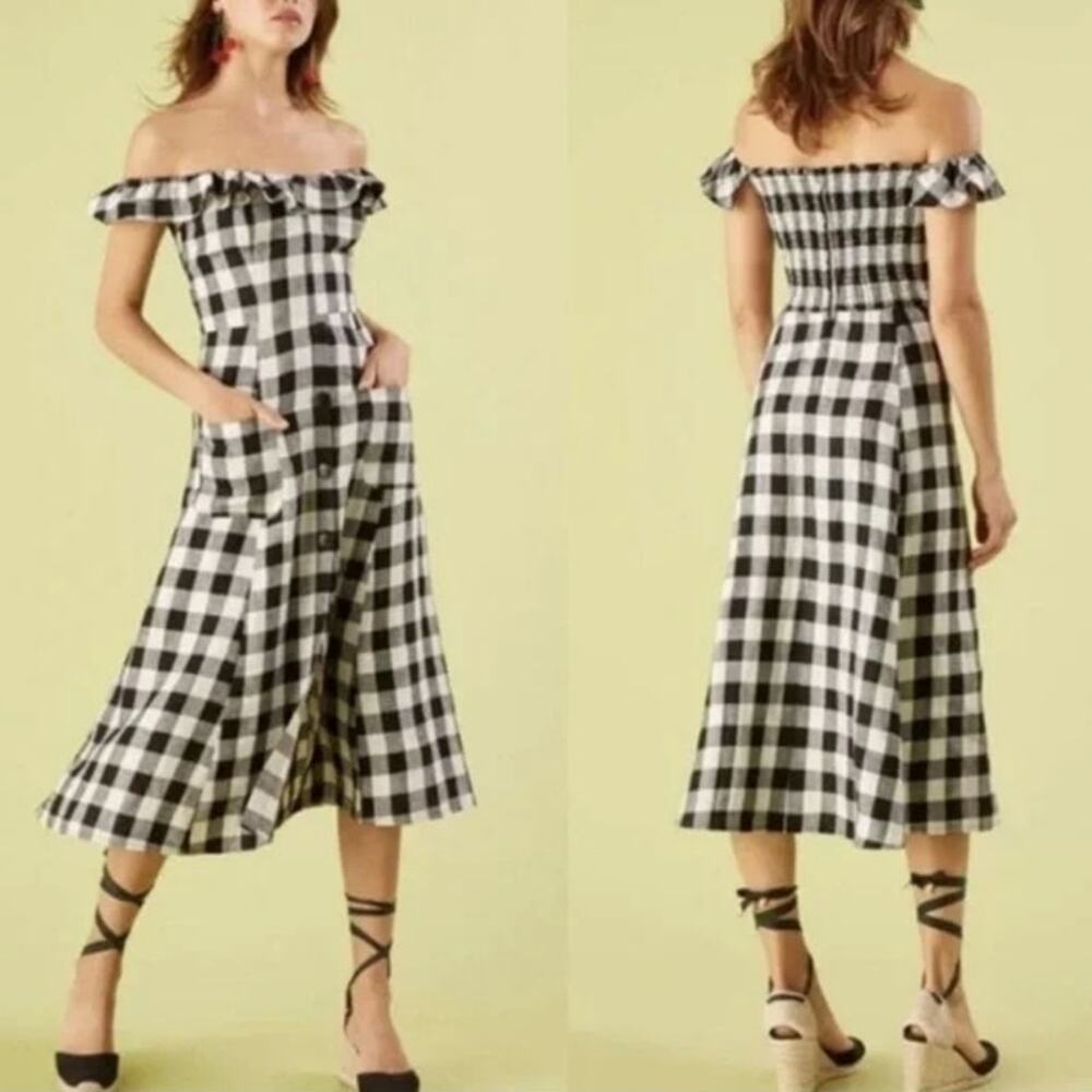 Reformation 100% Linen Black & White Gingham Midi Dress Sz 4 Off-Shoulder